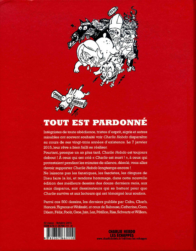 Verso de l'album Charlie Hebdo - Une année de dessins Tout est pardonné - L'année 2015 en dessins