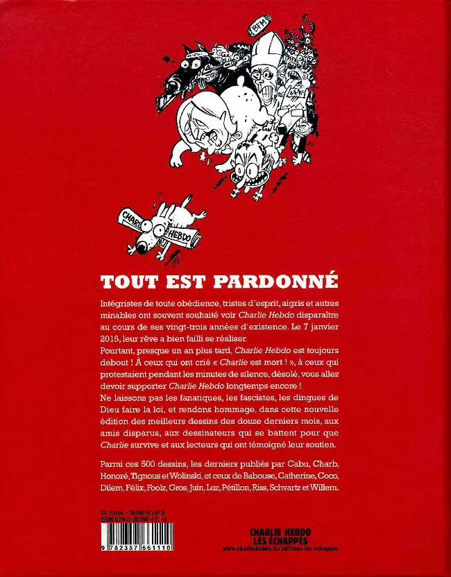 Verso de l'album Charlie Hebdo - Une année de dessins Tout est pardonné - L'année 2015 en dessins
