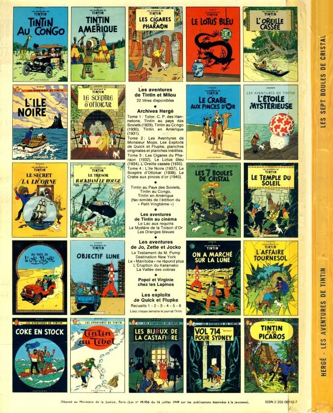 Verso de l'album Tintin Tome 13 Les 7 boules de cristal