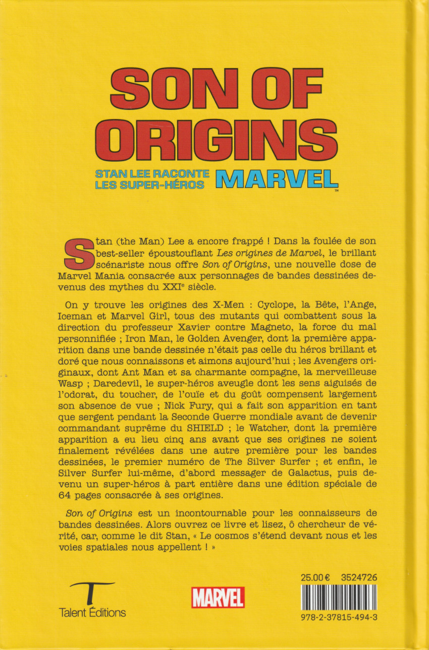 Verso de l'album Son of origins Stan Lee raconte les Super-Héros Marvel