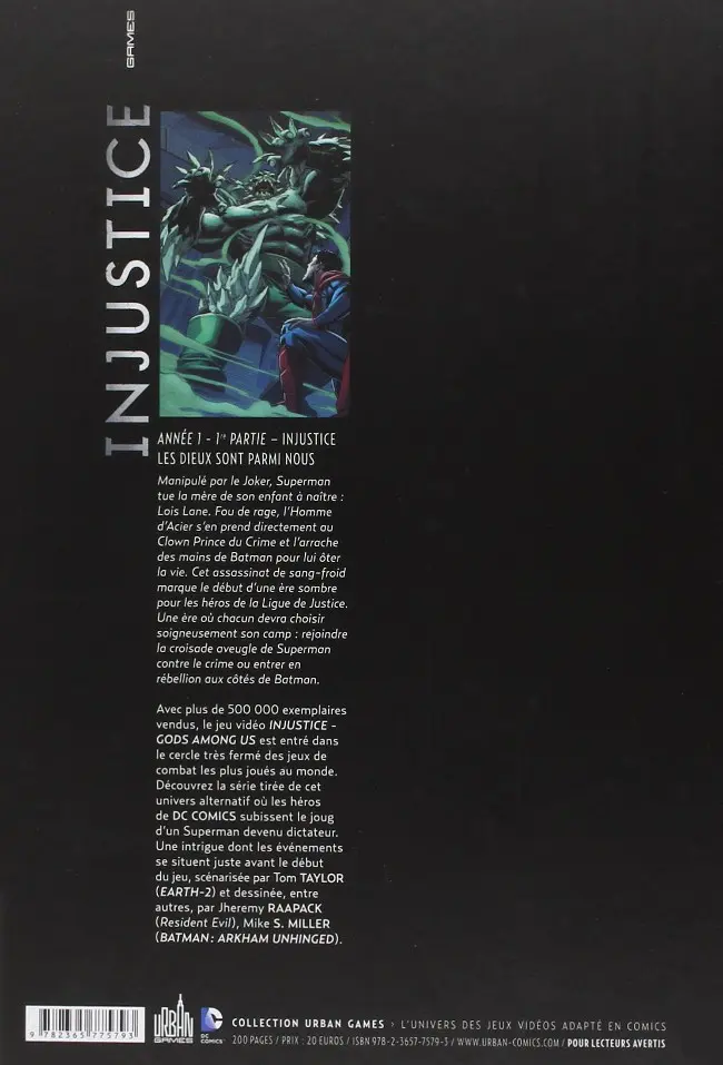 Verso de l'album Injustice - Les Dieux sont parmi nous Tome 1 Année 1 - 1re partie