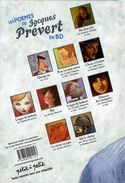 Verso de l'album Poèmes en bandes dessinées Les poèmes de Jacques Prévert en BD