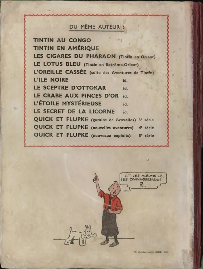 Verso de l'album Tintin Tome 11 Le secret de la Licorne