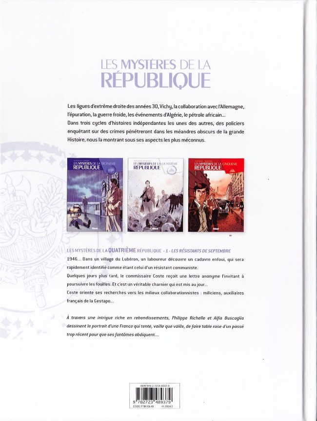 Verso de l'album Les Mystères de la Quatrième République Tome 1 Les résistants de septembre