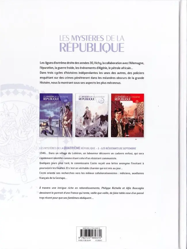 Verso de l'album Les Mystères de la Quatrième République Tome 1 Les résistants de septembre