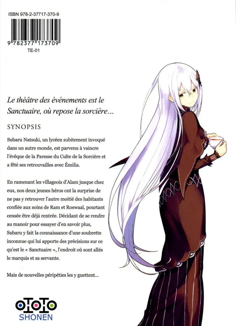 Verso de l'album Re:Zero (Re : Life in a different world from zero) Vol. 1 Le Sanctuaire et la Sorcière de l'Avarice