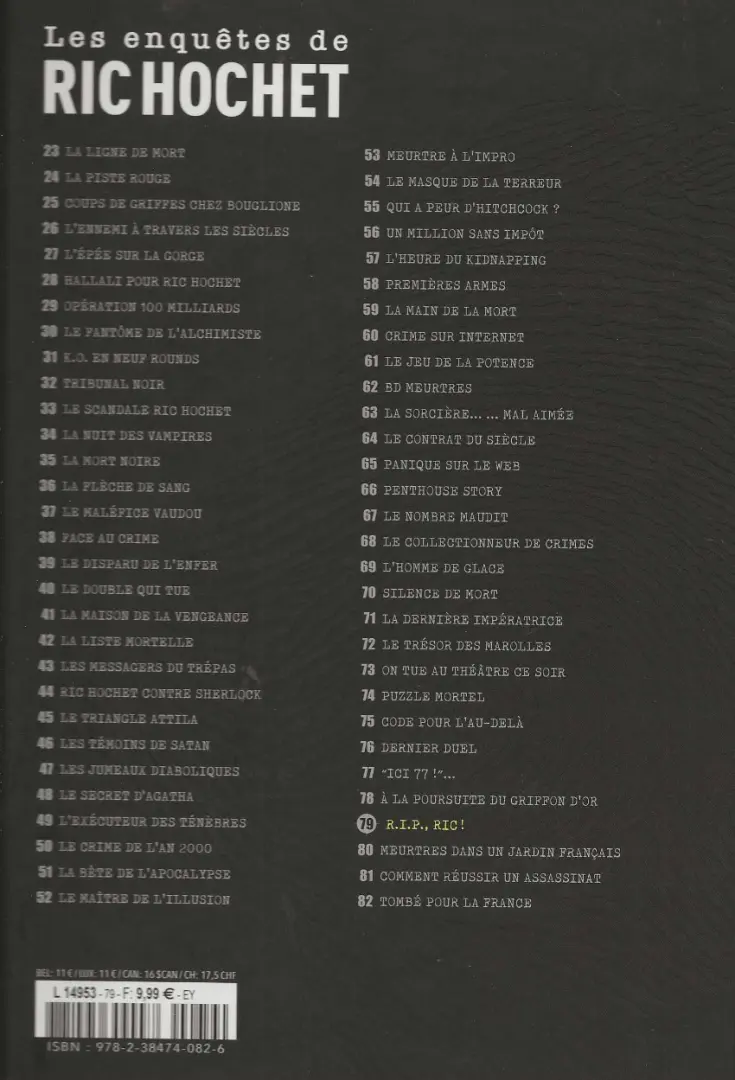 Verso de l'album Les enquêtes de Ric Hochet Tome 79 R.I.P., Ric !