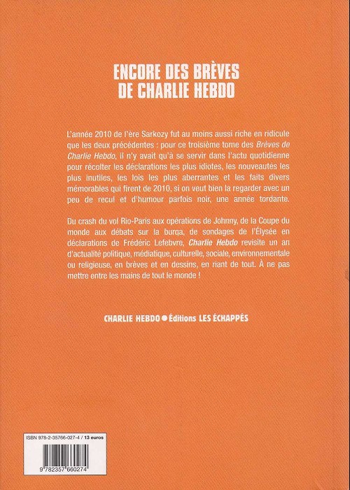 Verso de l'album Encore des brèves de Charlie Hebdo