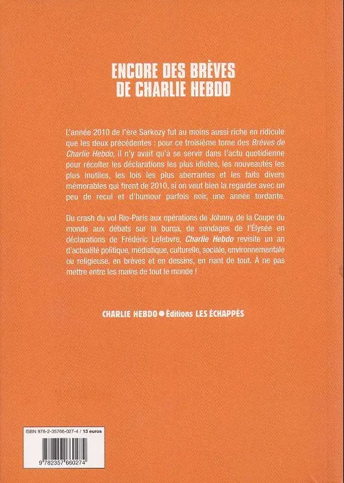 Verso de l'album Encore des brèves de Charlie Hebdo