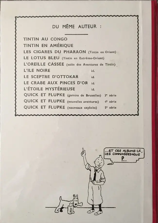 Verso de l'album Tintin Le trésor de Rackham le rouge