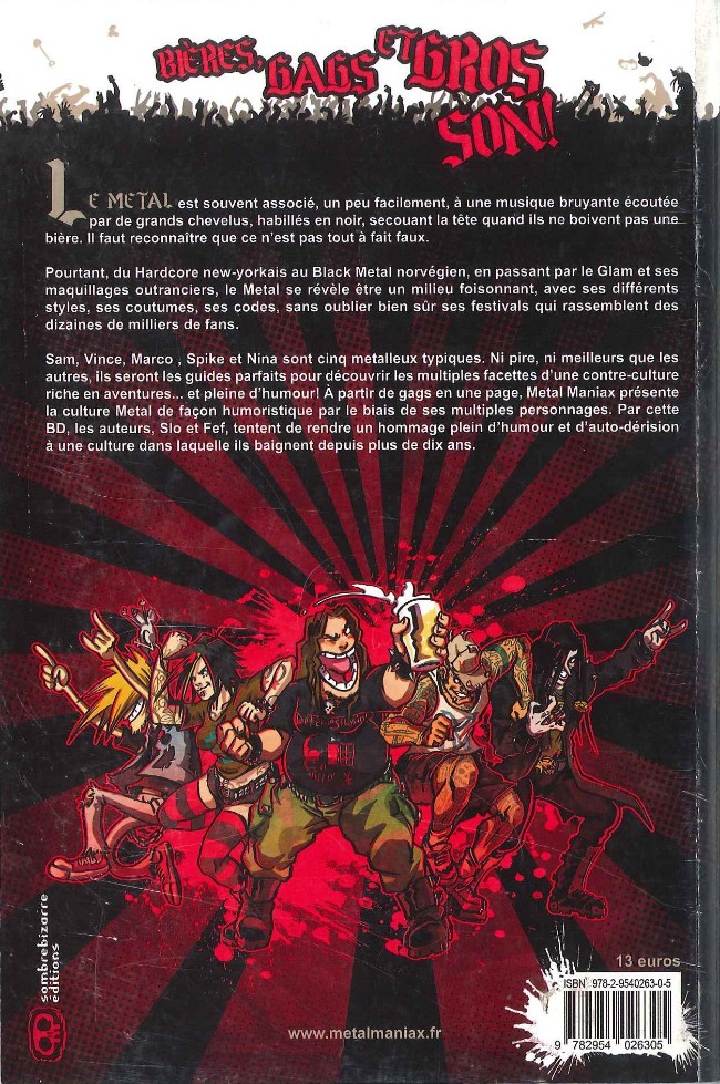 Verso de l'album Metal maniax Tome 1 Bières, gags et gros son