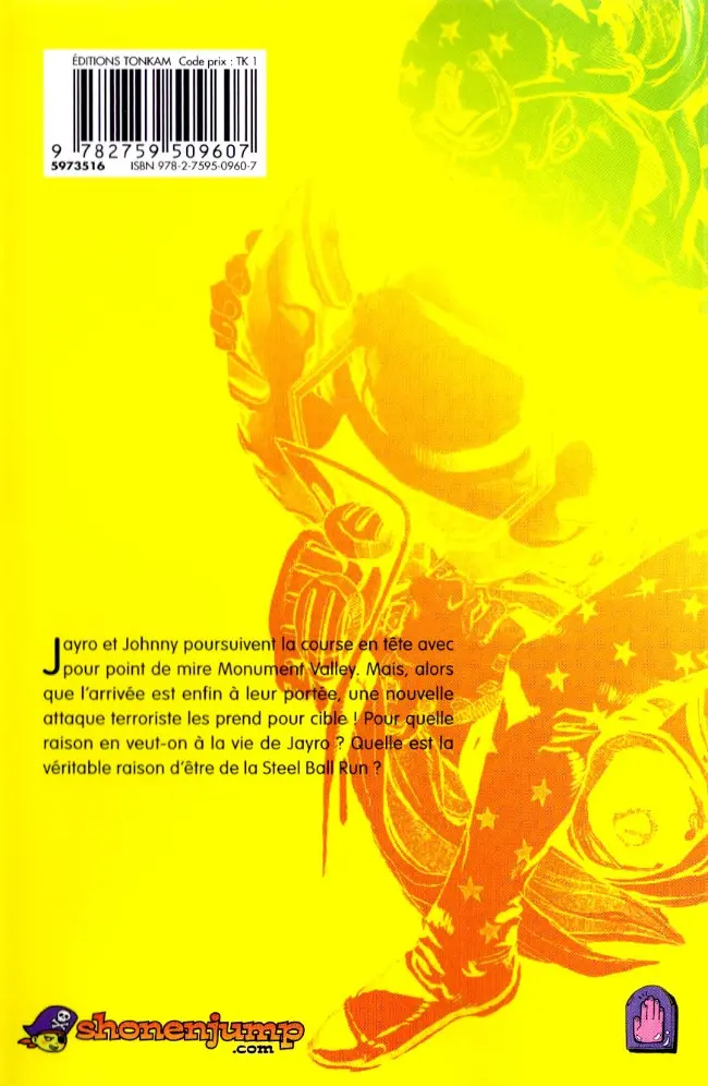 Verso de l'album Jojo's Bizarre Adventure : Steel Ball Run Vol. 5 Conspiration présidentielle