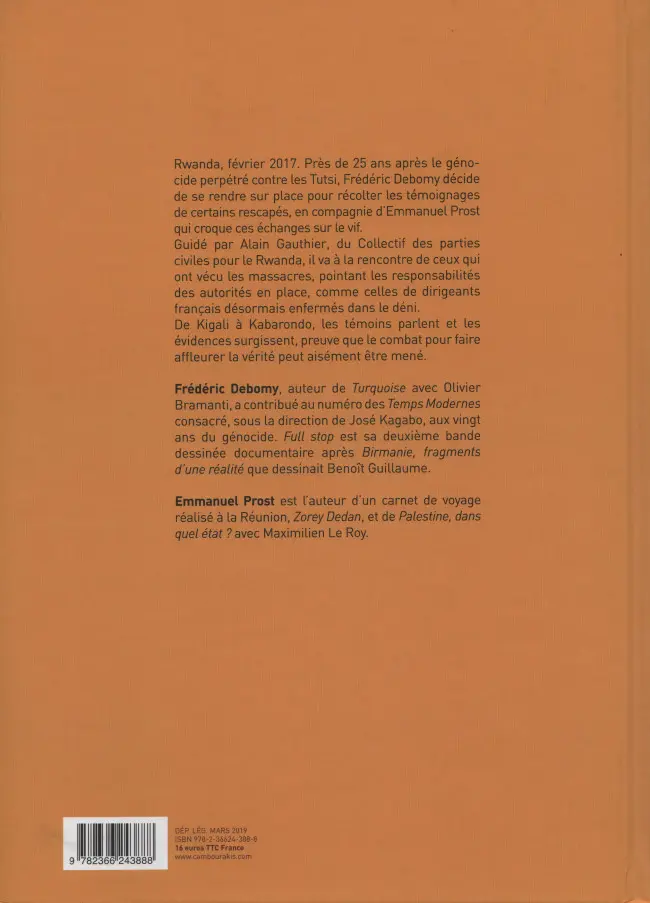 Verso de l'album Full Stop Le Génocide des Tutsi du Rwanda