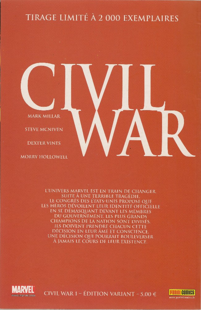 Verso de l'album Civil War Tome 1