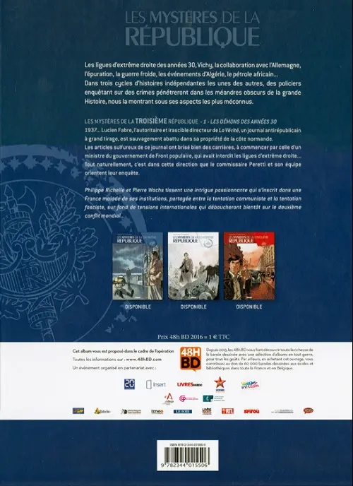 Verso de l'album Les Mystères de la Troisième République Tome 1 Les démons des années 30