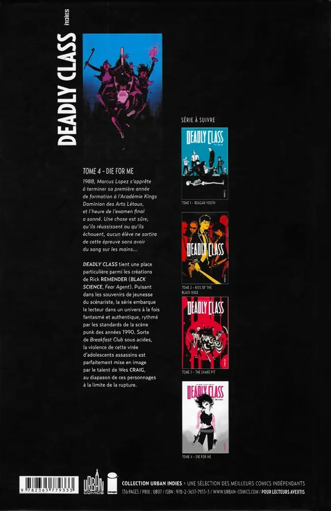 Verso de l'album Deadly Class Tome 4 Die for Me