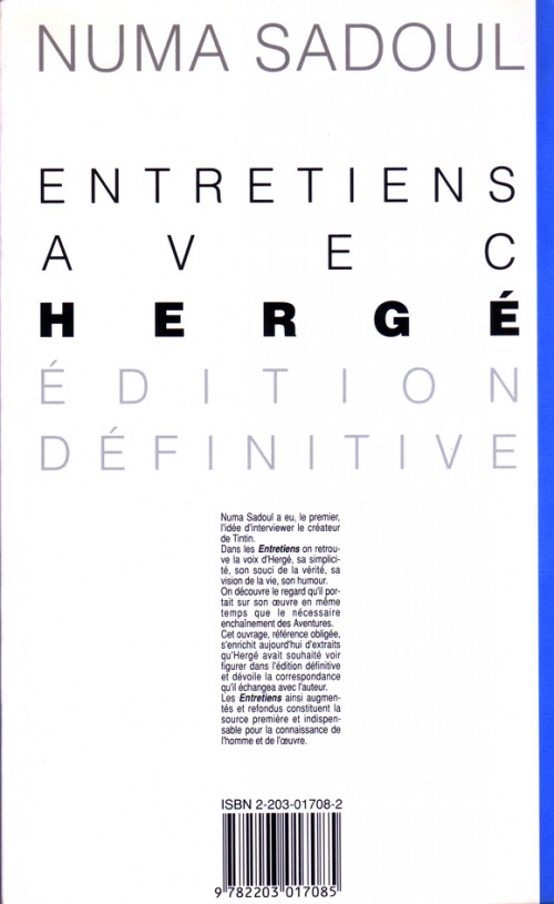 Verso de l'album Tintin et moi - entretiens avec Hergé Entretiens avec Hergé (édition définitive)