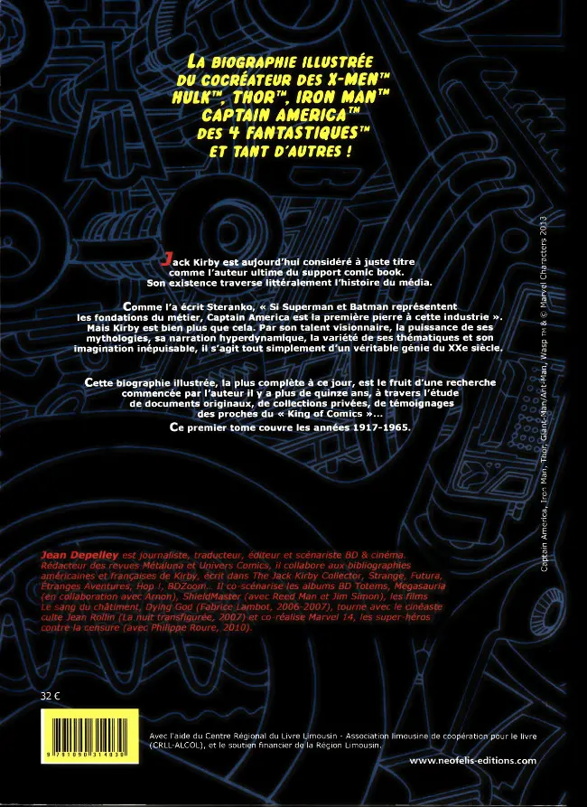 Verso de l'album Jack Kirby's, le super-héros de la bande dessinée Tome I 1917 à 1965