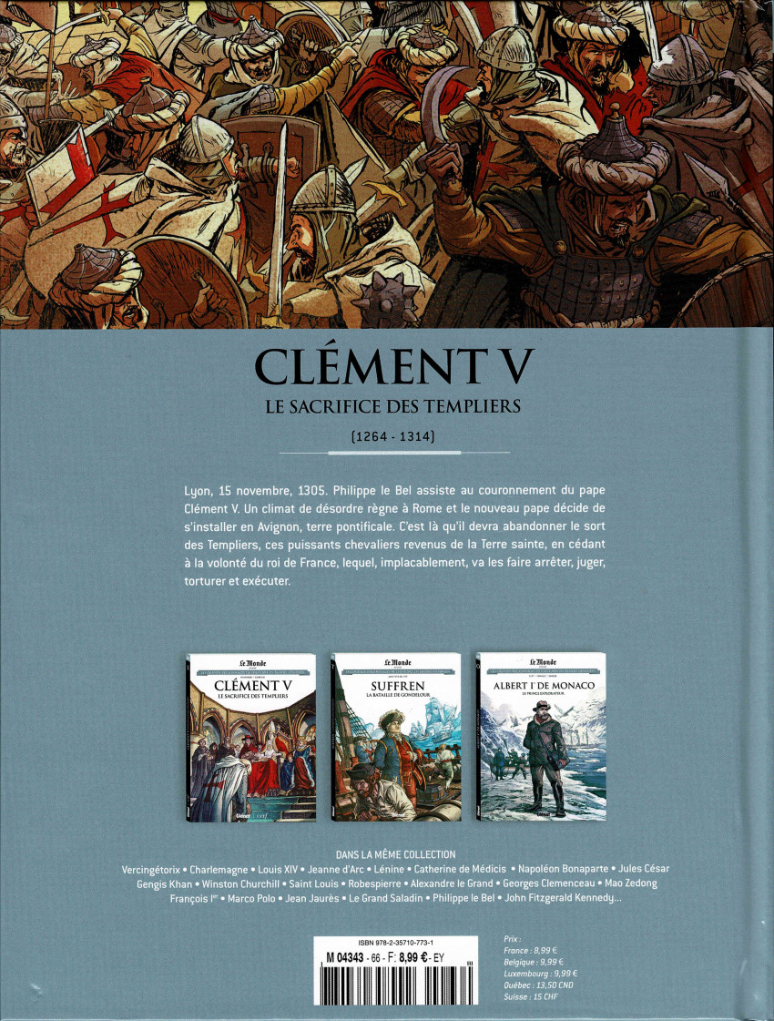 Verso de l'album Les grands personnages de l'Histoire en bandes dessinées Tome 66 Clément V, Le sacrifice des Templiers