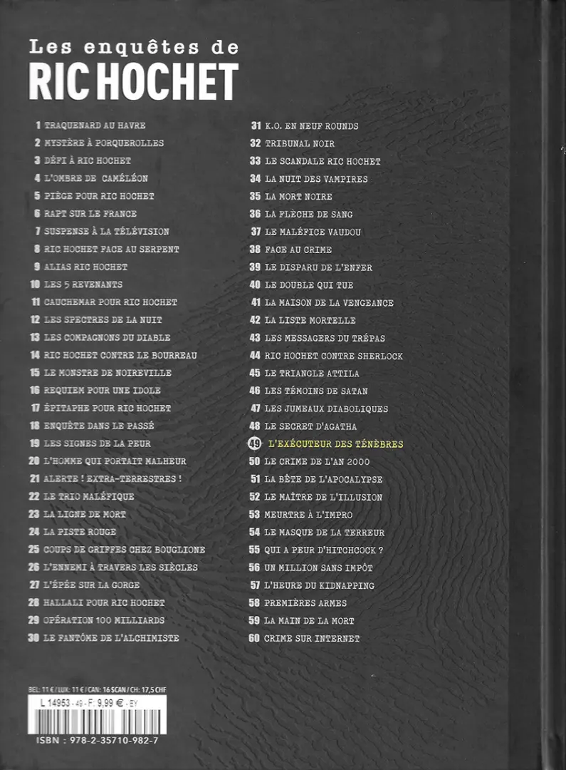 Verso de l'album Les enquêtes de Ric Hochet Tome 49 L'exécuteur des ténébres