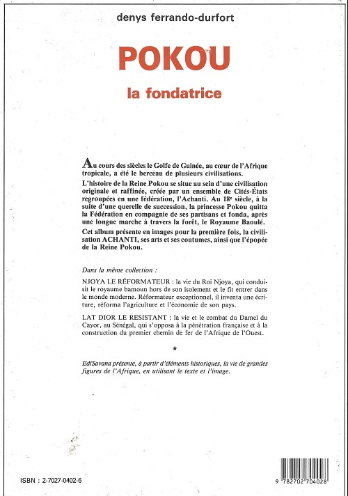 Verso de l'album Mémoire africaine Tome 2 Pokou, la fondatrice