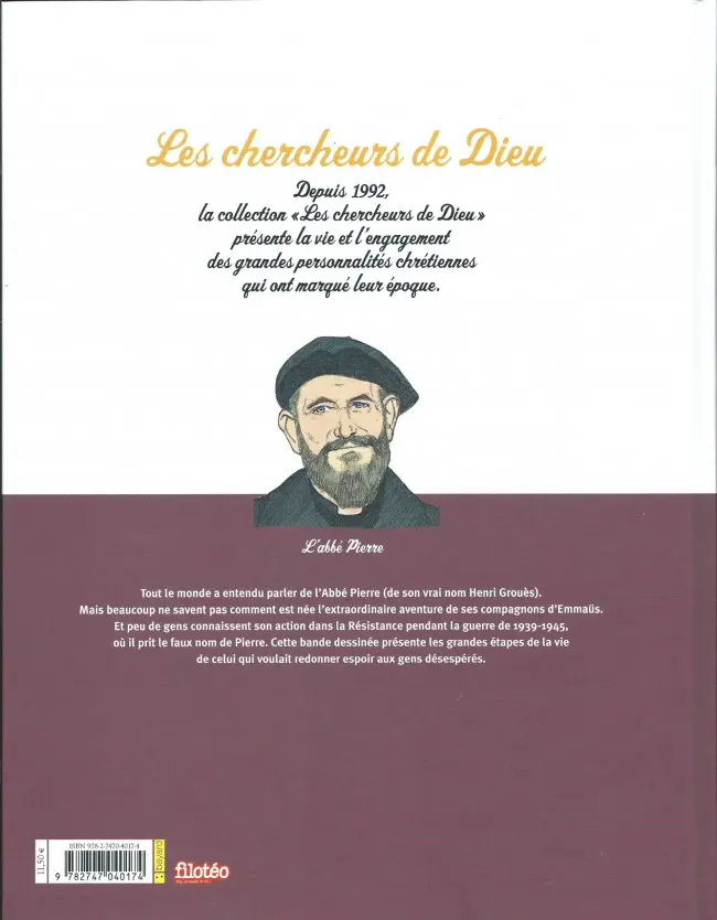 Verso de l'album Les Chercheurs de Dieu Tome 19 L'Abbé Pierre et l'espoir d'Emmaüs