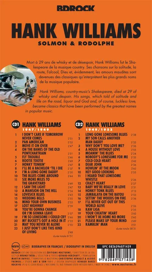 Verso de l'album BD Rock Hank Williams