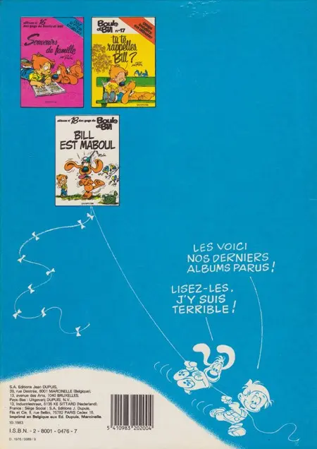 Verso de l'album Boule & Bill Tome 12 Ce coquin de cocker
