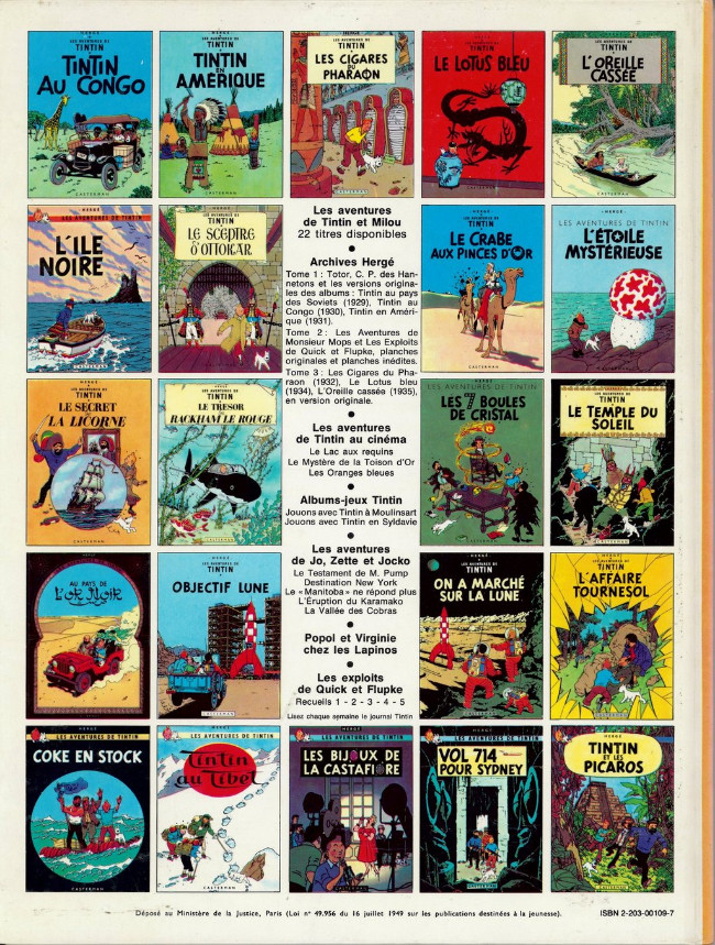 Verso de l'album Tintin Tome 10 L'étoile mystérieuse