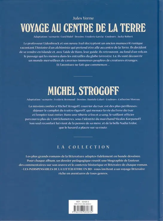 Verso de l'album Les Indispensables de la Littérature en BD Voyage au centre de la Terre / Michel Strogoff