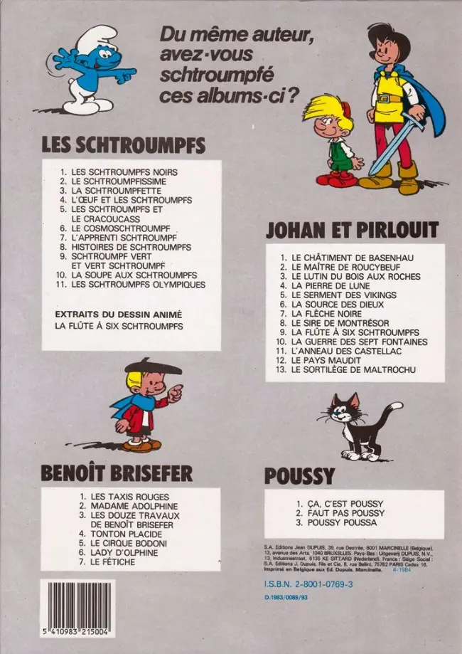 Verso de l'album Les Schtroumpfs Tome 11 Les schtroumpfs olympiques