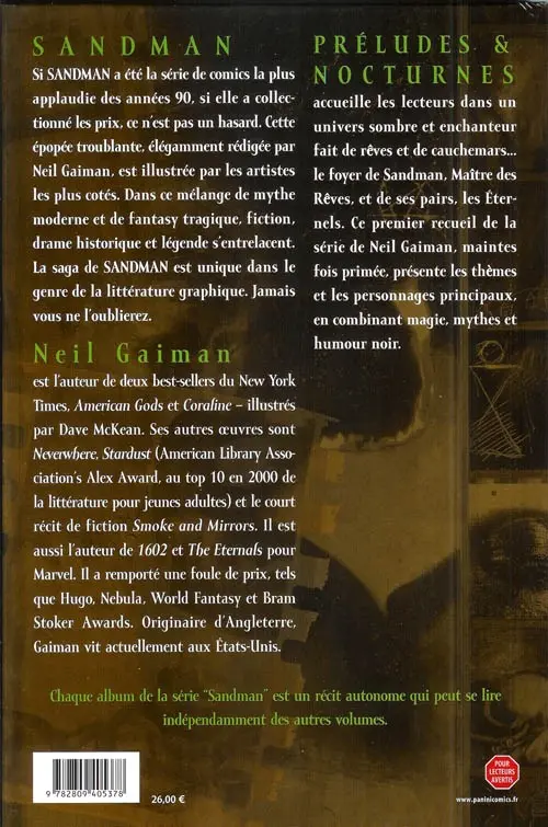 Verso de l'album Sandman Tome 1 Préludes & nocturnes