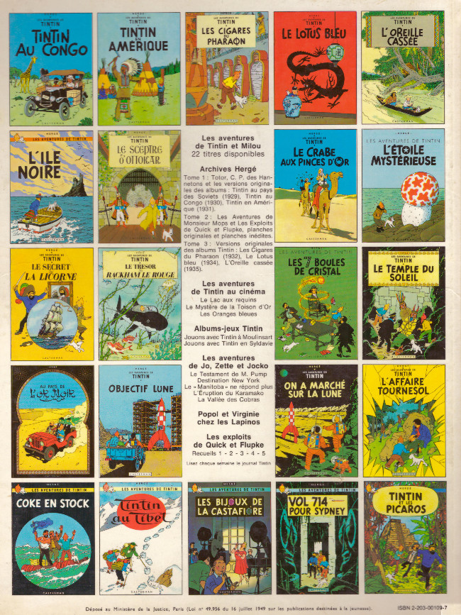 Verso de l'album Tintin Tome 10 L'étoile mystérieuse
