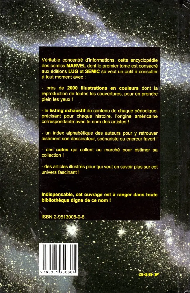 Verso de l'album Encyclopédie des comics Marvel en France Volume 1 Les éditions Lug-Semic