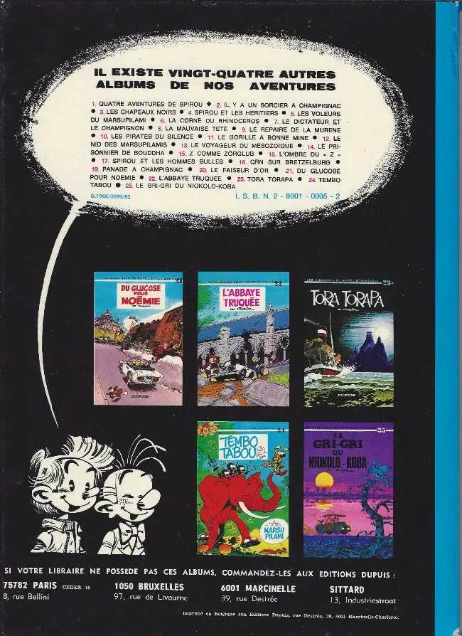 Verso de l'album Spirou et Fantasio Tome 3 Les chapeaux noirs