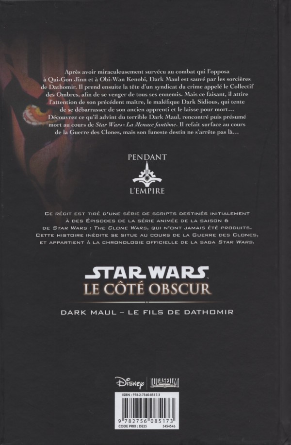 Verso de l'album Star Wars - Le côté obscur Tome 15 Dark Maul - Le Fils de Dathomir