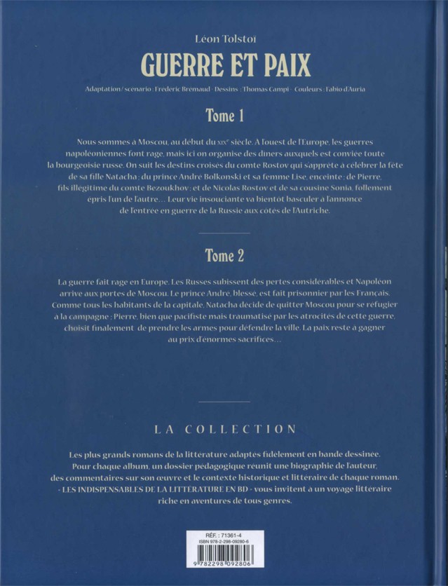 Verso de l'album Les Indispensables de la Littérature en BD Guerre et Paix - Tomes 1 et 2