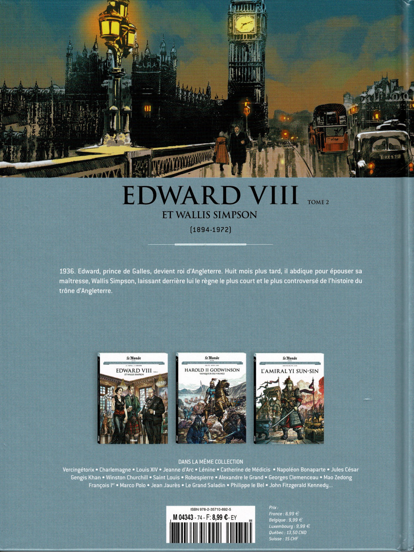 Verso de l'album Les grands personnages de l'Histoire en bandes dessinées Tome 74 Edward VIII et Wallis Simpson Tome 2