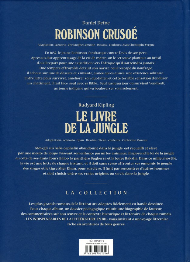 Verso de l'album Les Indispensables de la Littérature en BD Robinson Crusoé / Le livre de la jungle