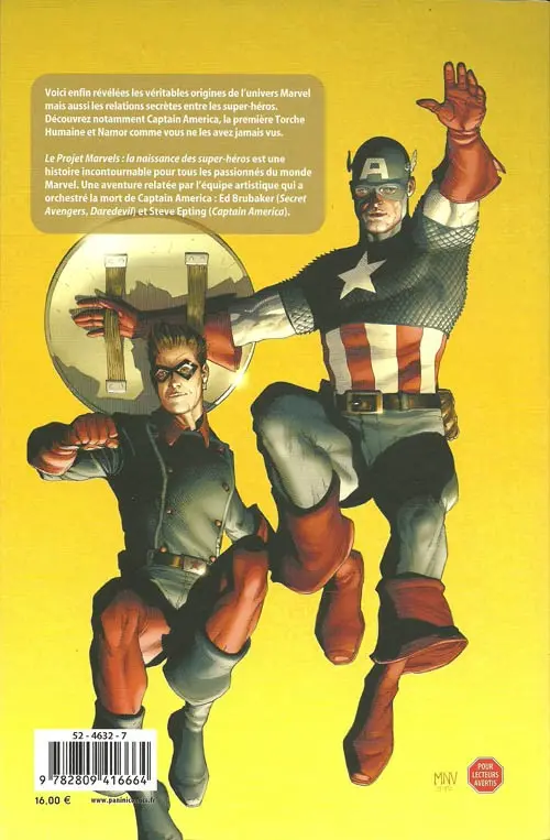 Verso de l'album Le Projet Marvels Le projet Marvels : la naissance des super-héros