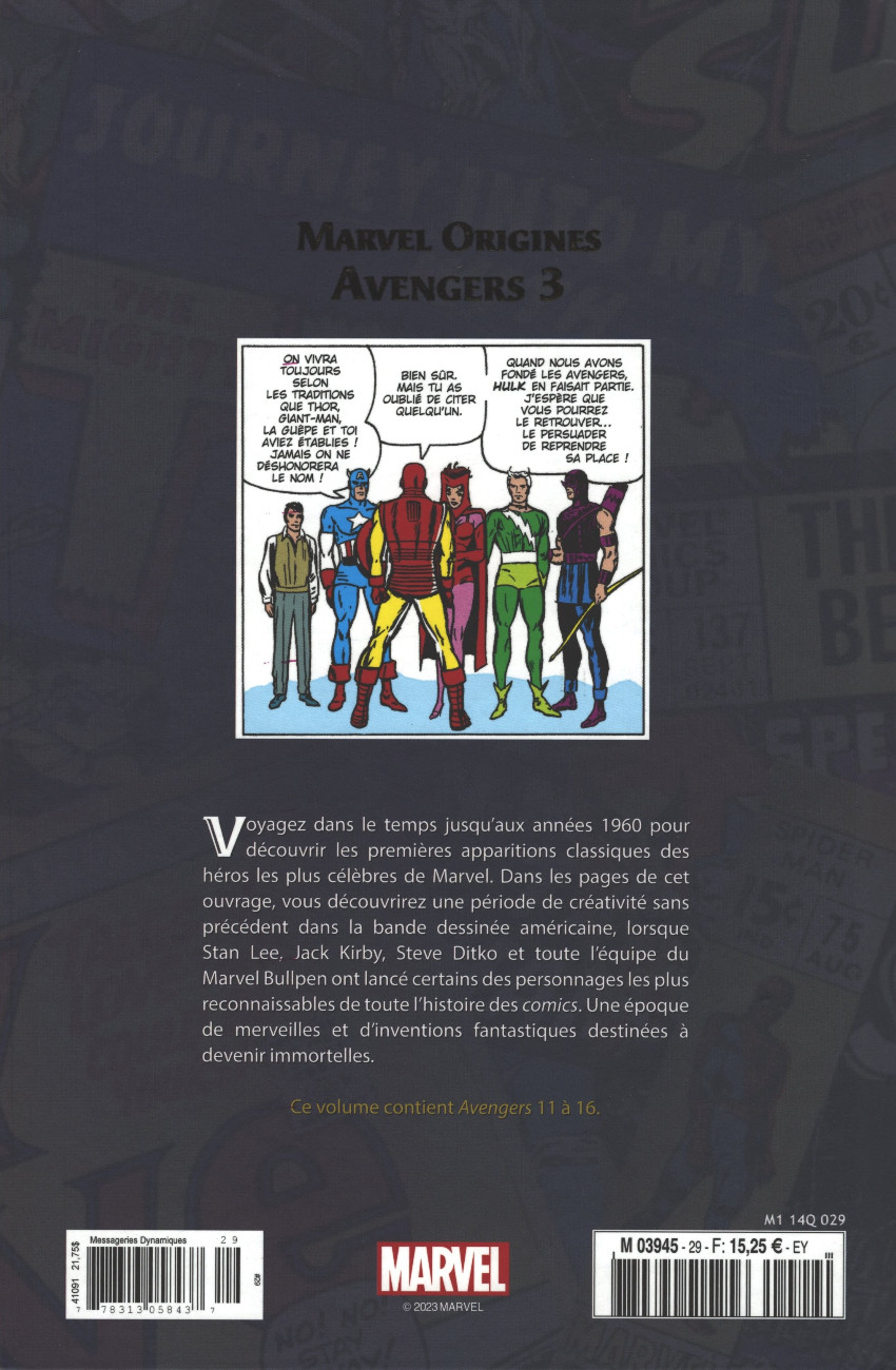 Verso de l'album Marvel Origines N° 29 Avengers 3