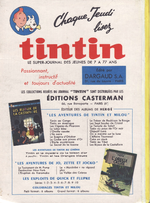 Verso de l'album Tintin Tome 62 Tintin album du journal (n° 816 à 828)