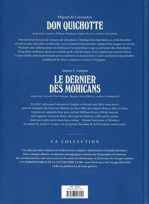 Verso de l'album Les Indispensables de la Littérature en BD Don Quichotte / Le Dernier des Mohicans