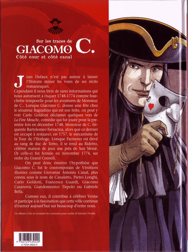 Verso de l'album Giacomo C. Tome 12 Sur les traces de Giacomo C. Côté cour et côté canal
