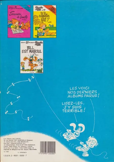 Verso de l'album Boule & Bill Tome 13 Carnet de Bill