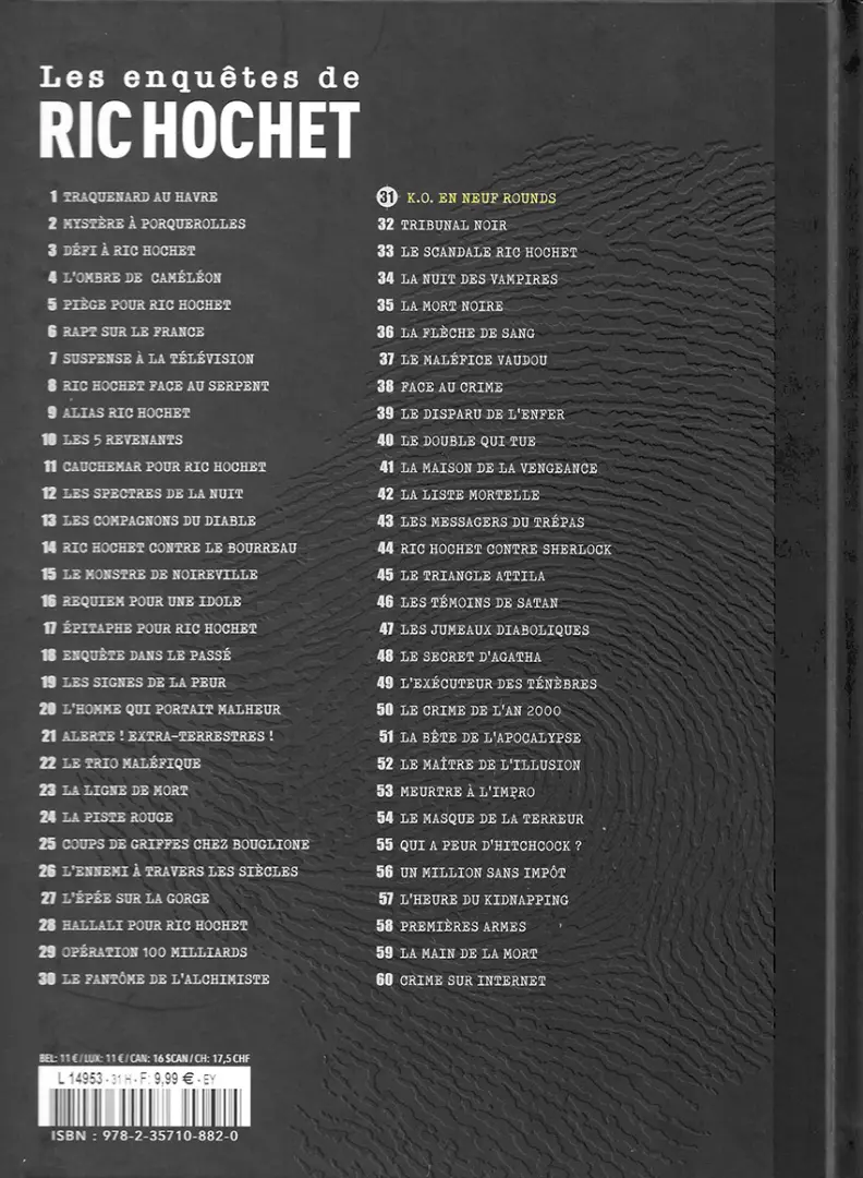 Verso de l'album Les enquêtes de Ric Hochet Tome 31 K.O. en 9 rounds