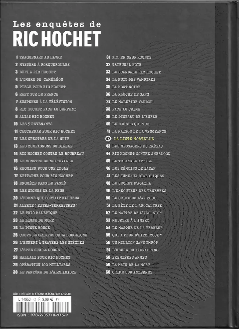 Verso de l'album Les enquêtes de Ric Hochet Tome 42 La liste mortelle