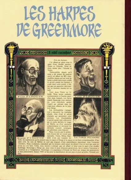 Verso de l'album Tintin les harpes de Greenmore