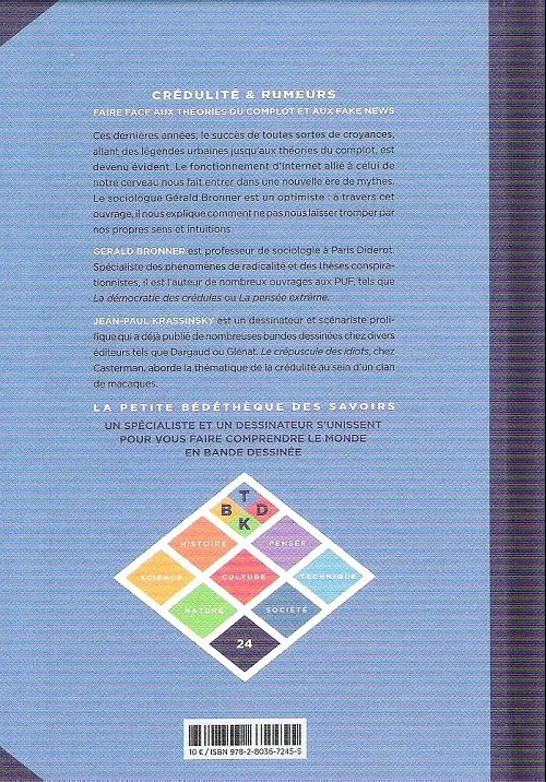 Verso de l'album La Petite Bédéthèque des Savoirs Tome 24 Crédulité & rumeurs - Faire face aux théories du complot et aux fake news