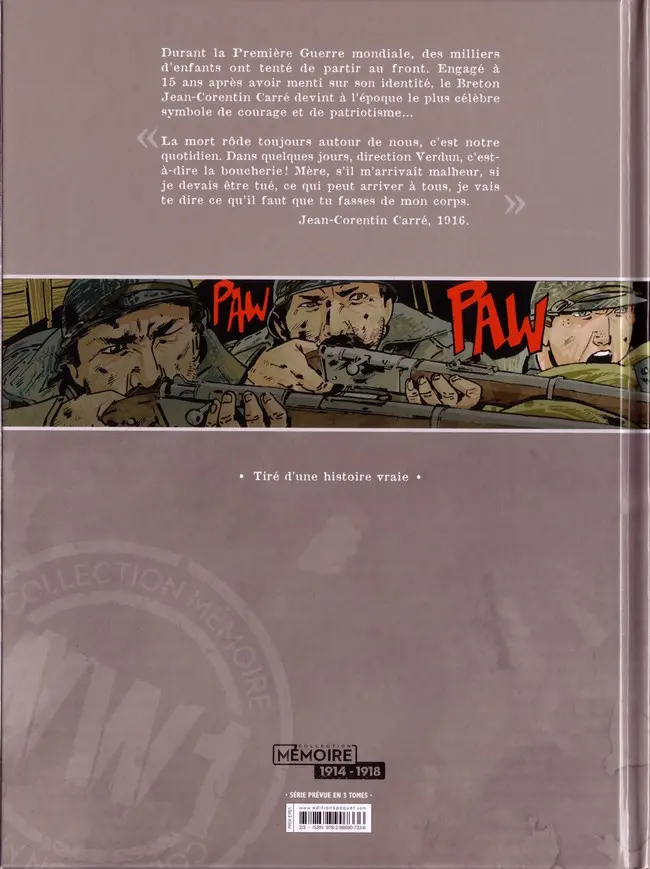 Verso de l'album Jean-Corentin Carré, l'enfant soldat Tome 2 1916 - 1917